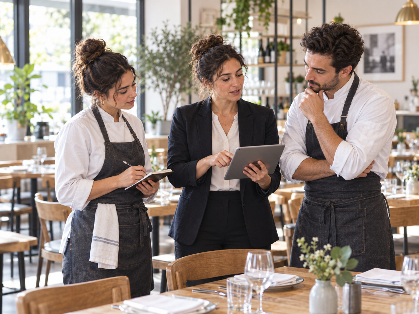 Tablet üzerinden günlük operasyonu değerlendiren restoran ekibi