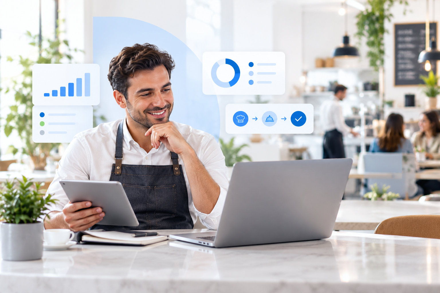 Restoran operasyonlarını tablet ve dizüstü bilgisayardan yöneten işletme yöneticisi