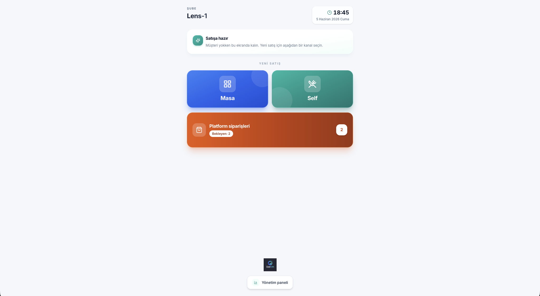 Özetim şube POS ana ekranında masa, self servis ve platform siparişleri görünümü